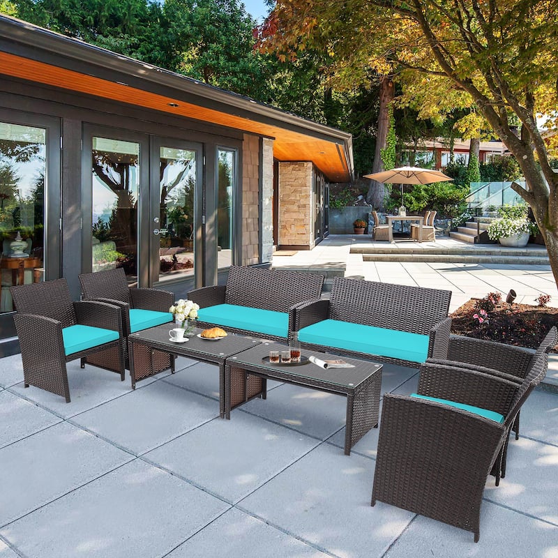 Costway 8PCS Patio Rattan Furniture Set Cushioned Chair Sofa Coffee