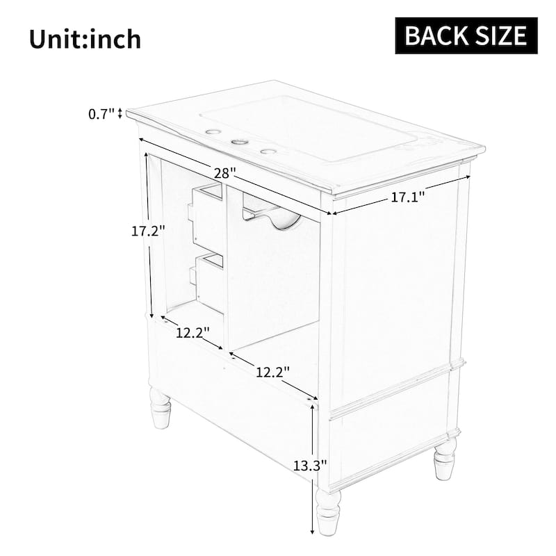 Roomfitters Bathroom Vanity with Sink, Single Door Cabinet and Three Drawers, Solid Wood Legs