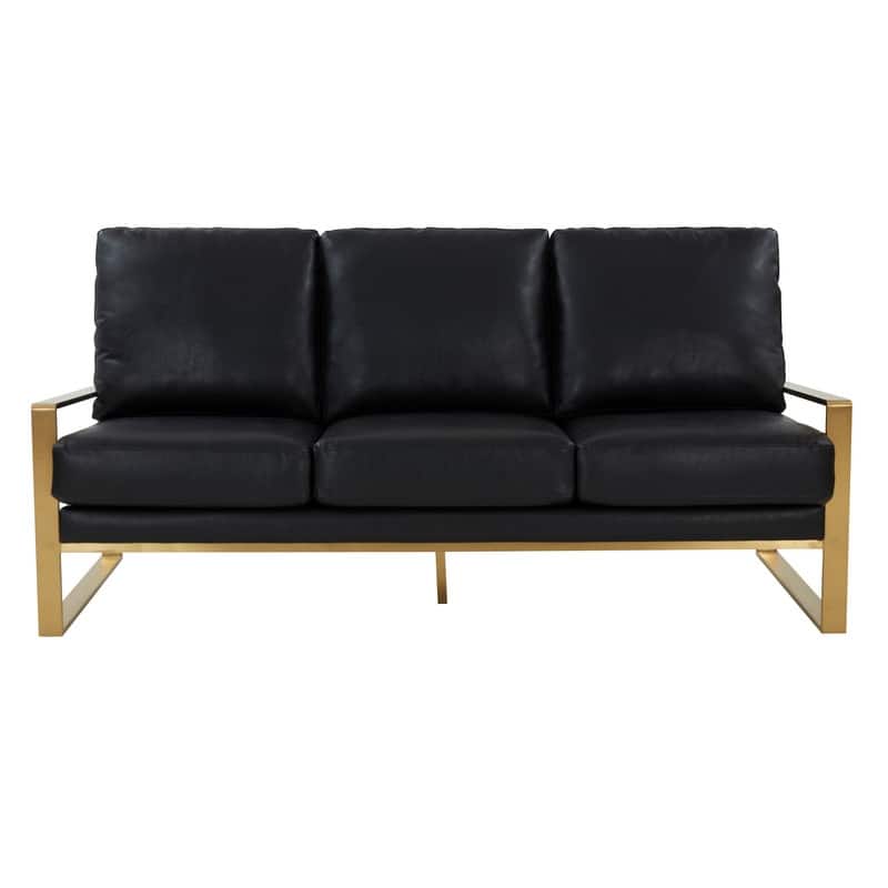 Jefferson Modern Leather Upholstered 3 Seater Loveseat Sofa Chair in Brushed Gold Steel Base with Armrest Removable Cushion
