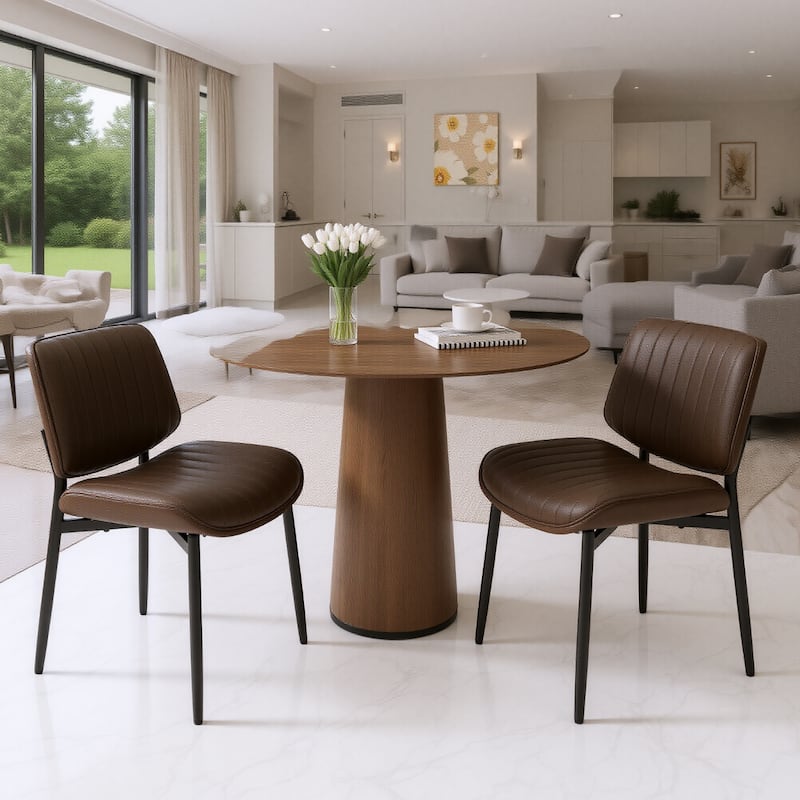 Tapered Metal Leg Dining Chairs - Mid-Century Styled Seating with Button-Tufted PU Leather & Ergonomically Curved Back - Brown - Set of 2