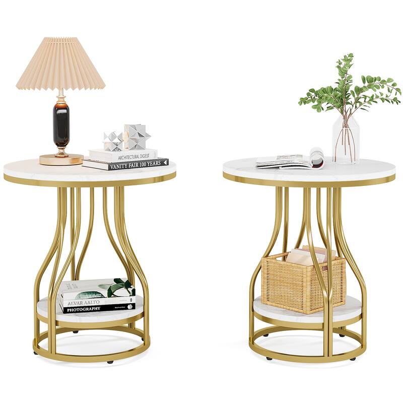 Round End Table, 2-Tier Side Tables, Modern Bedside Table, Small Chirside Tables for Couch Side