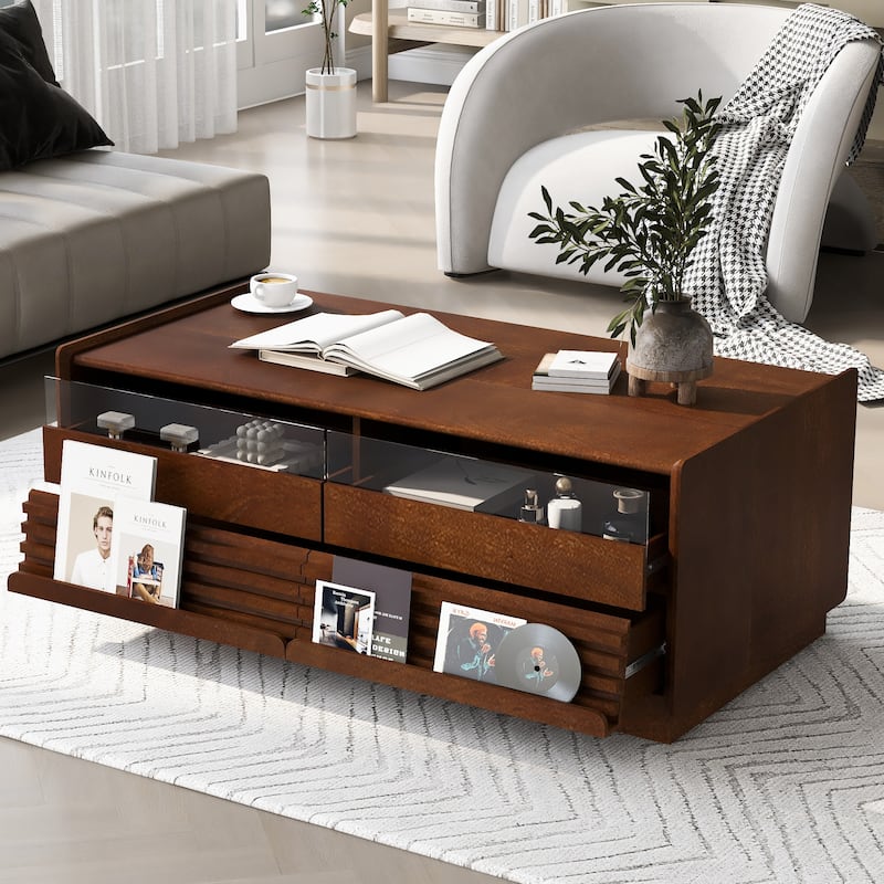 Modern Coffee Table with Tempered Glass Drawers & Grooved Design, End Table Office Table with Open Display Shelves