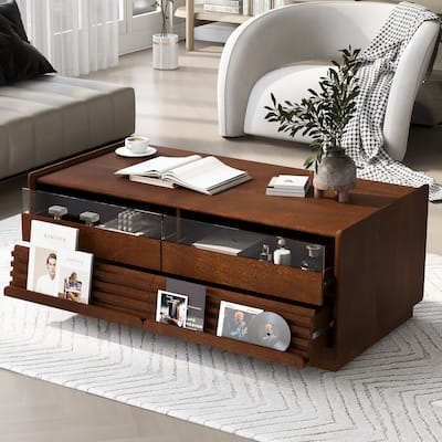 Modern Rectangle Coffee Table with 4 Drawers and 2 Display Shelves, 47.2" Wood Coffee Table with Fluted Style