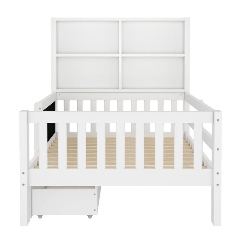 Childlike Fun Solid Wood Low-profile Platform Bed Storage Bed Frame with Side Chalkboard, Open Shelves, Drawers and Guardrails