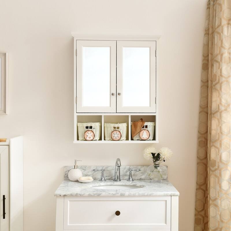 Wall Mounted Bathroom Storage Cabinet with Adjustable Shelves, Medicine Cabinet with 2 Mirror Doors and 3 Baskets