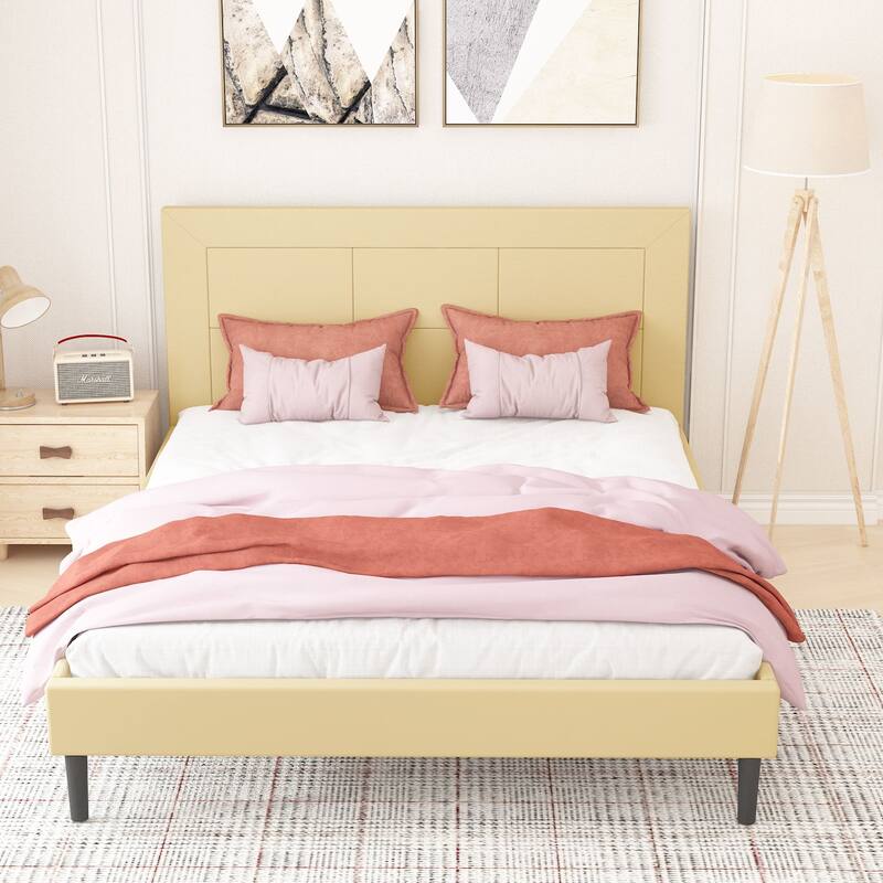 Queen Size Wood Slat Bed Frame with PU Leather Headboard