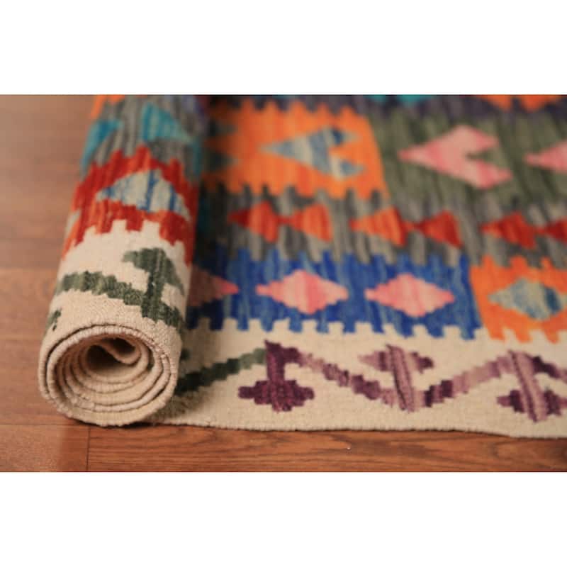 Reversable Kilim Oriental Area Rug Hand-Woven Orange Wool Carpet - 9'9"x 13'5"