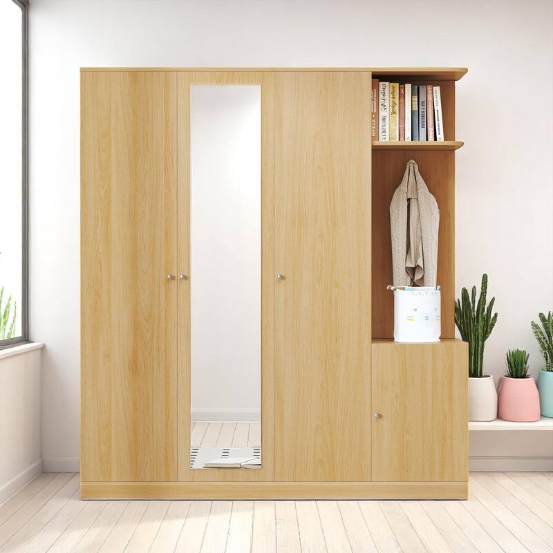 Modern Particle Board Wardrobe with Mirror, 2 Hanging Rails, 1 Drawer, Shelves and Safety Lock, 65.9" Tall - Natural
