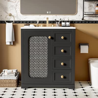30" Bathroom Vanity with Soft-Close Glass Door, Adjustable Shelves, and 3 Drawers