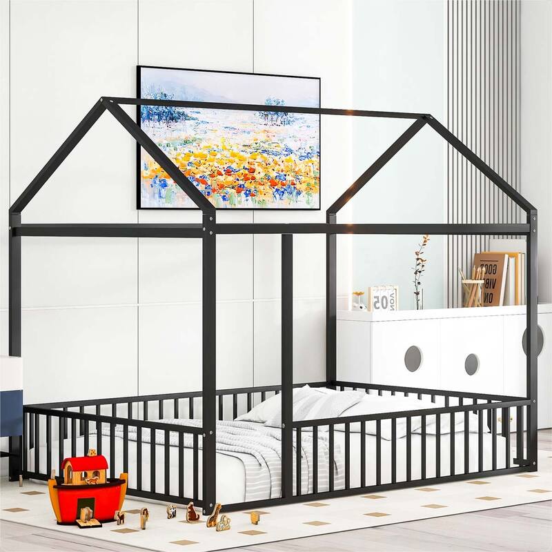 Metal House Bed Frame with Fence,for Kids,Teens,Girls,Boys
