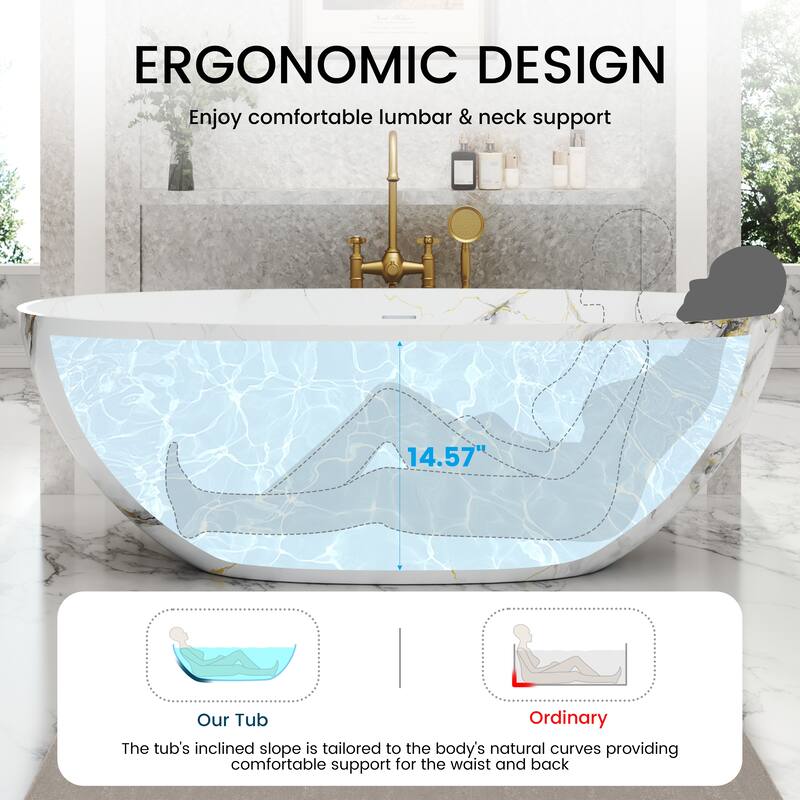 65 in. x 30 in. Solid Surface Freestanding Soaking Bathtub in Matte White with Kunshan Snowflake Marble Pattern, Center Drain