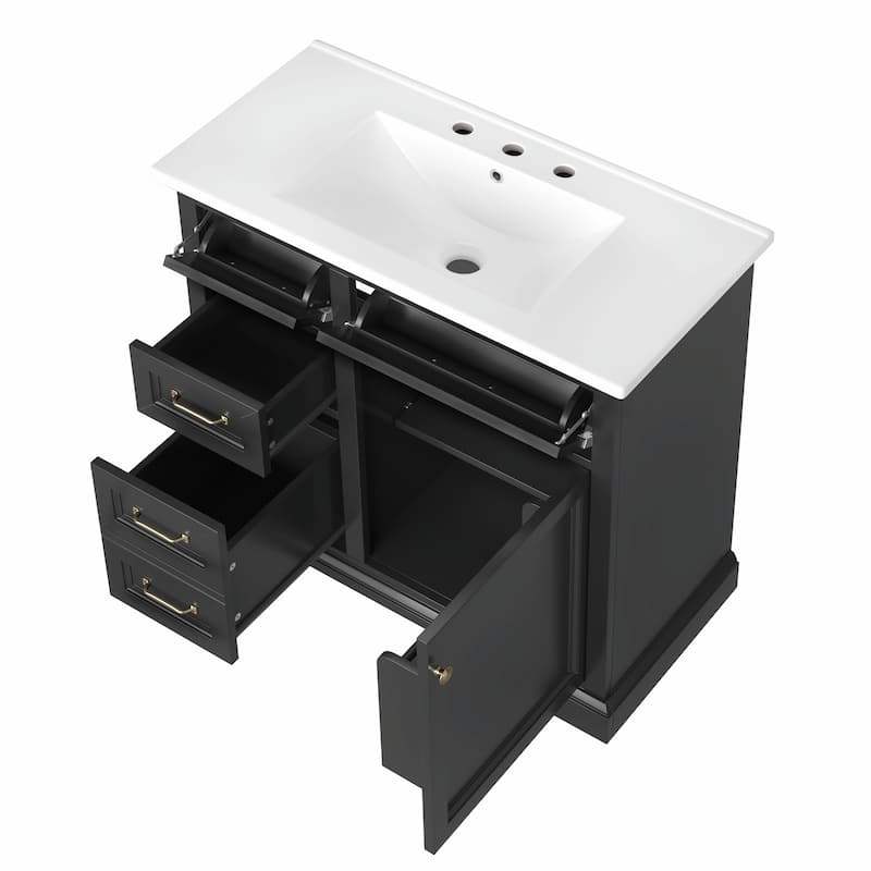 36-Inch Bathroom Vanity with Ceramic Sink Top - 4 Drawers and 1 Soft-Close Door