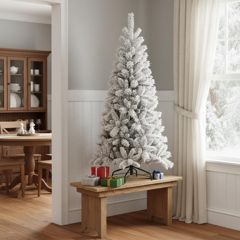 HomeRoots 4' Full Flocked Pine Christmas Tree - Green - 29.00 in. x 48.00 in. x 29.00 in. - Green - 4 Foot