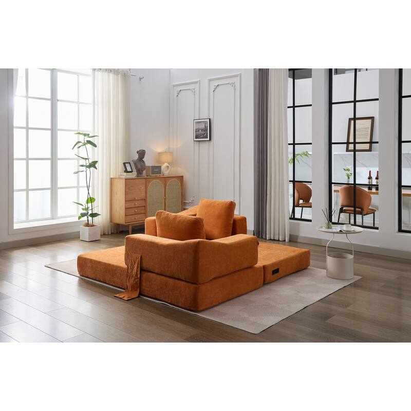 Modern Minimalist Orange Chenille Fold-Out Sofa Bed, Convertible Chair Floor Couch