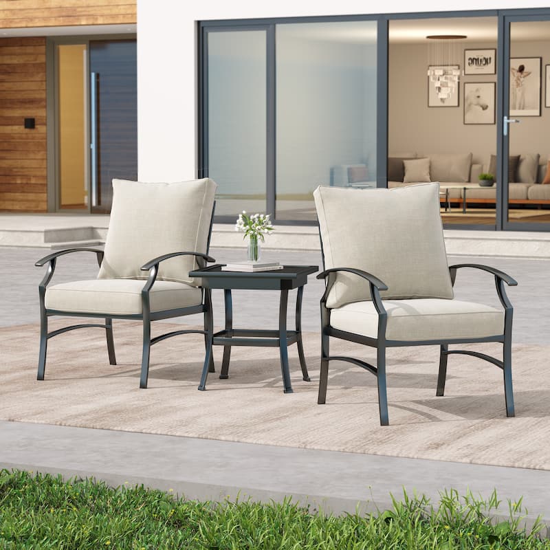 3 Piece Patio Metal Armchair/Side Table Seating Group with Cushions