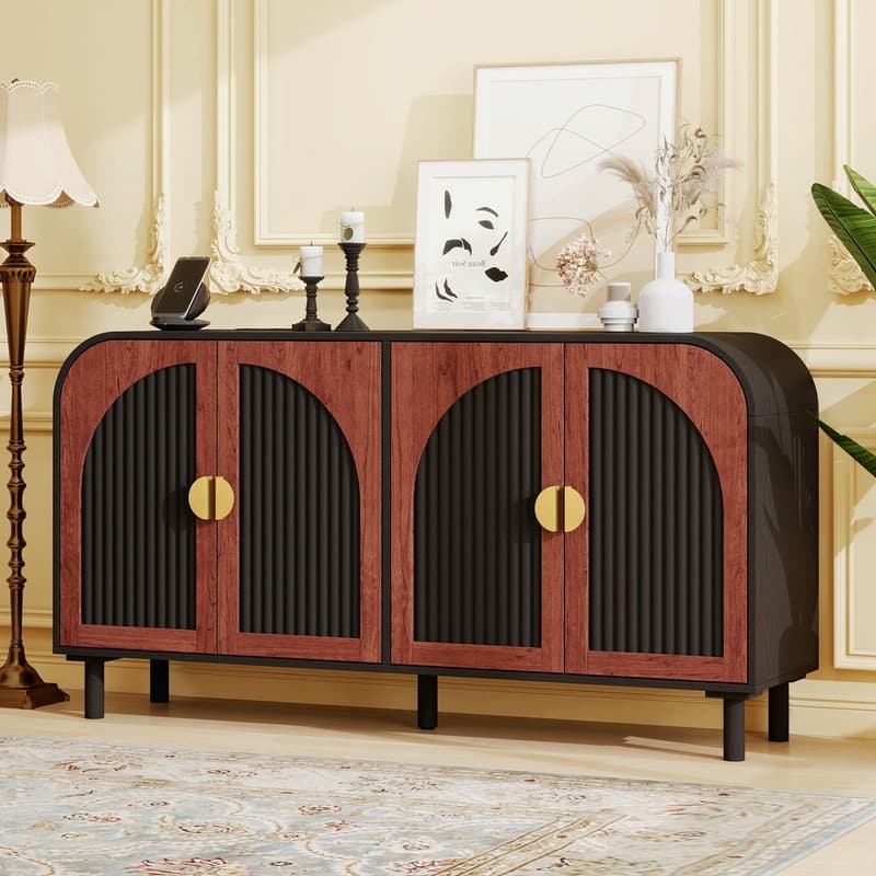 Farmhouse 4-Door Buffet Cabinet Cabinet with Adjustable Shelves & Solid Wood Leg