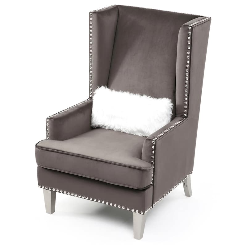 High Back Velvet Accent Chair with Fur Pillow - 47" - Gray