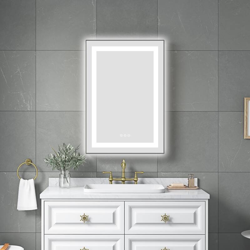 20" x 32" LED Bathroom Mirror with Front and Backlight, Wall Mounted Vanity Mirror with Aluminum Frame, Anti-Fog - Gun Ash
