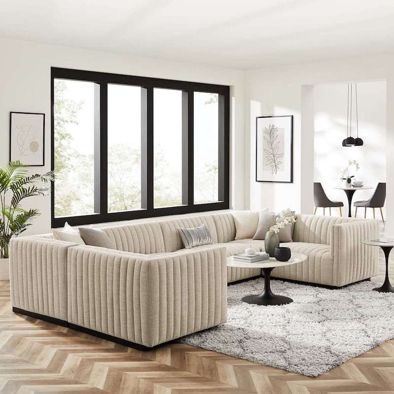 Conjure Channel Tufted Upholstered Fabric 6-Piece U-Shaped Sectional - Black Beige