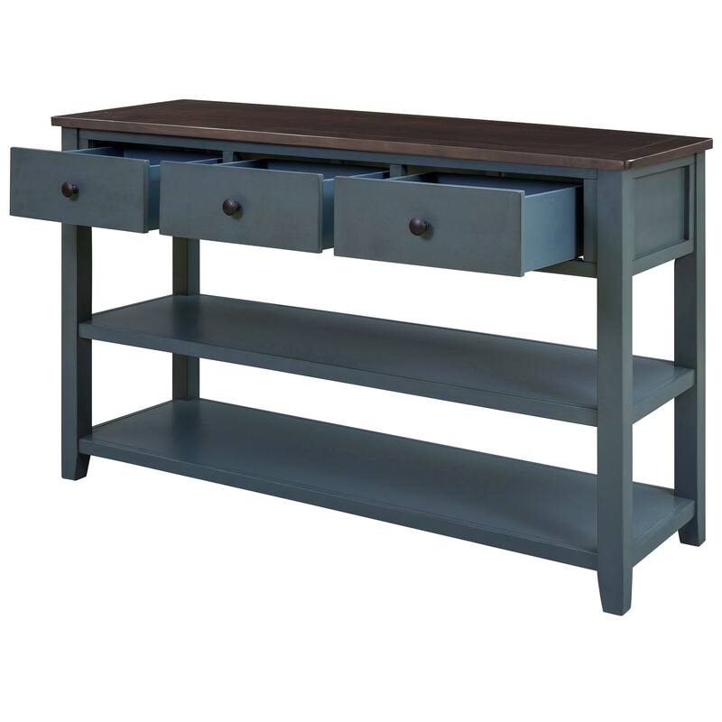 Retro Design Console Table with Two Open Shelves, Pine Solid Wood Frame and Legs
