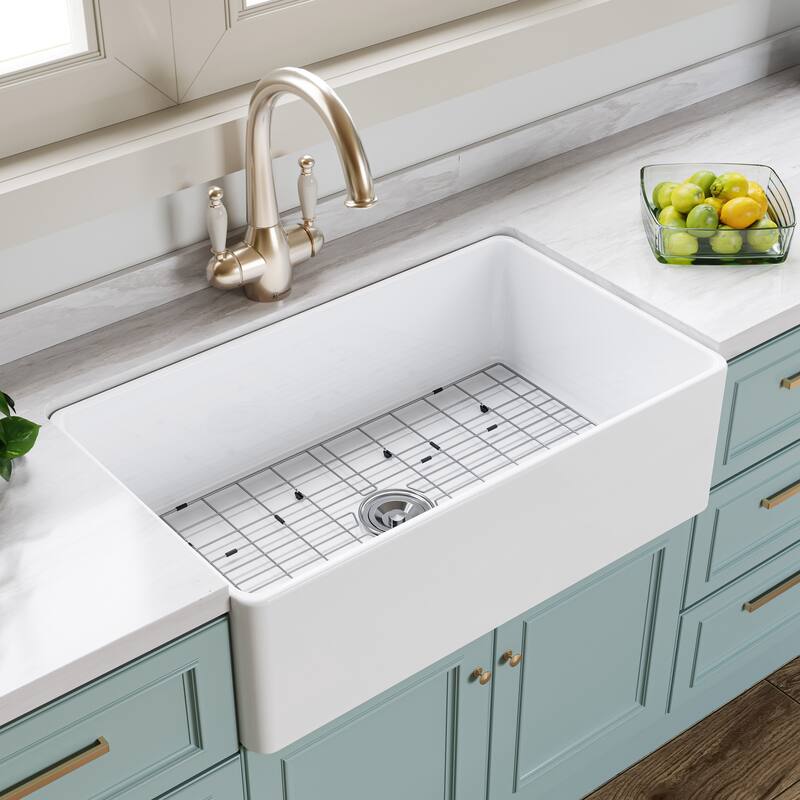 HOROW White Fireclay 33 in. Single Bowl Kitchen Sink Farmhouse Apron Front with Bottom Grid and Strainer - 33x20 Inch - White