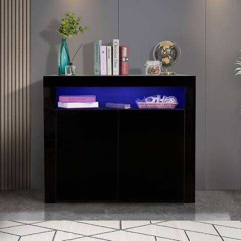 Living Room Sideboard Storage Cabinet Black High Gloss with LED Light, Wooden Storage Display Cabinet TV Stand with 2 Doors