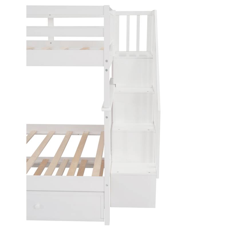 Full-Over-Full Bunk Bed with Twin Trundle, Storage, Guard Rail, White
