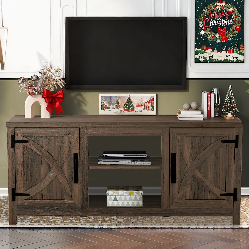 58" Rustic Walnut Barn Door Wood Console TV Stand for TV's up to 65" - 58 inches in width