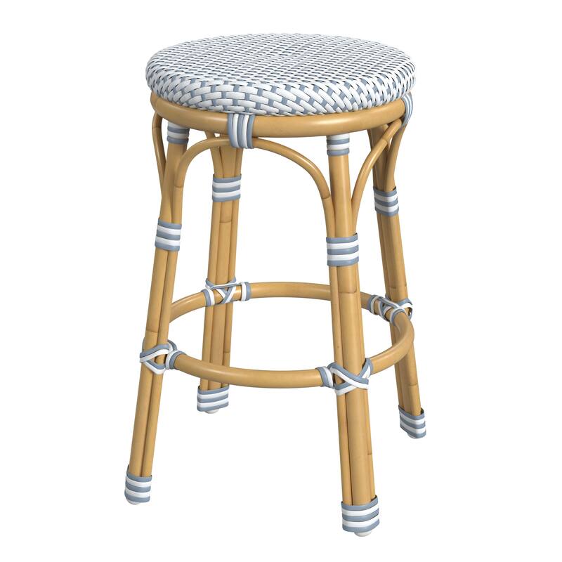 Tobias Outdoor Rattan and Metal Counter Stool - Blue/White