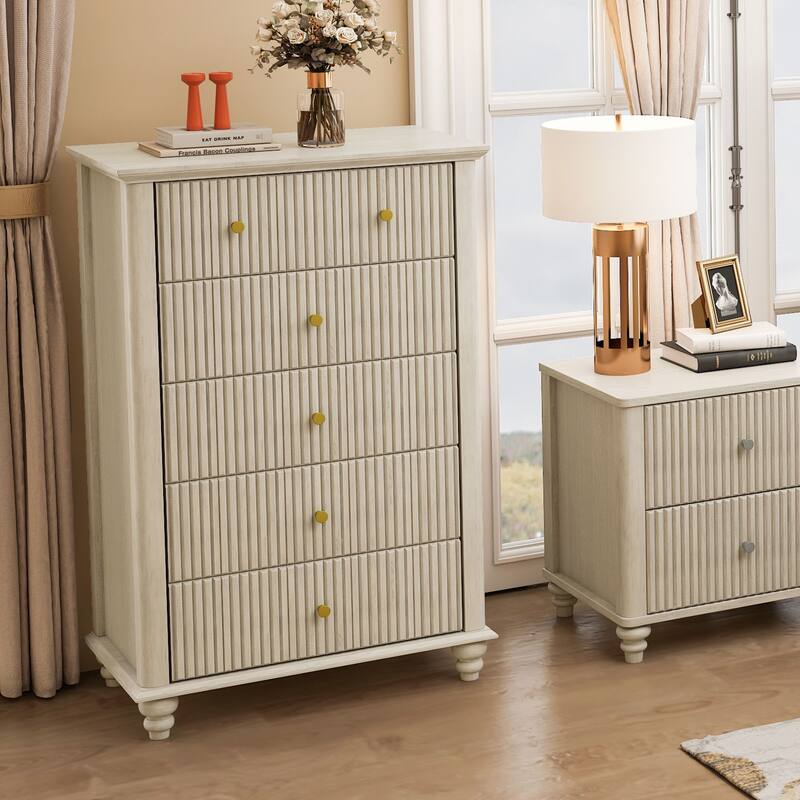 Modern Nightstand Storage Cabinet with 5 Drawers Dresser, Wooden Fluted Top Dresser with Anti-Tip Safety