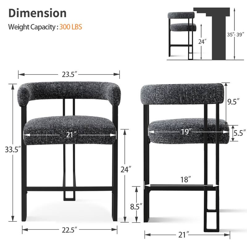 25" Seat Height Upholstered Tweed Black Matel Counter Stool