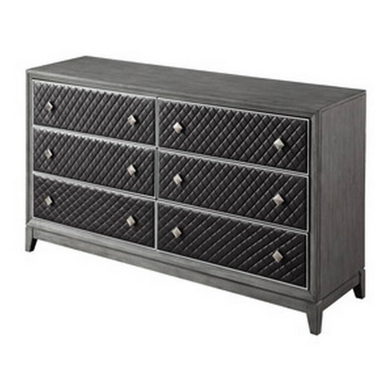 Stacy 64 Inch Dresser, 6 Faux Leather Upholstered Drawers, Gray Wood
