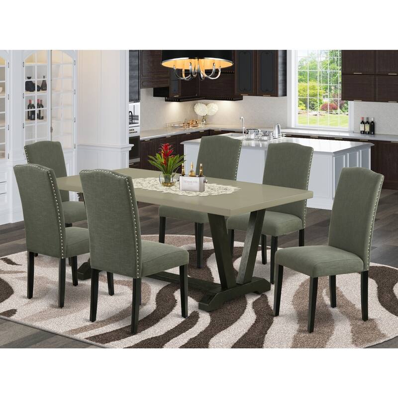 Modern 7 Piece Dining Set - Rectangle Table & 6 Linen Fabric Chairs - 40x72 Inch - Multi-Color - 72