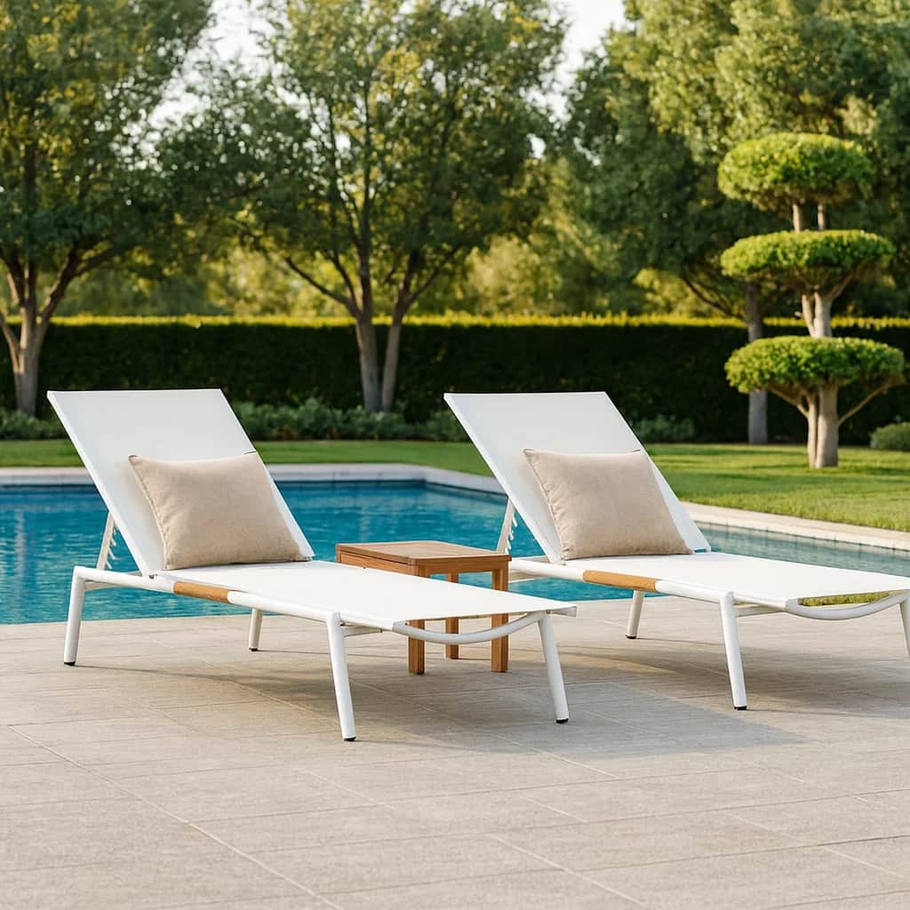 Shia 79 Inch Chaise Lounger, White Aluminum Frames, Teak Accent, Set of 2