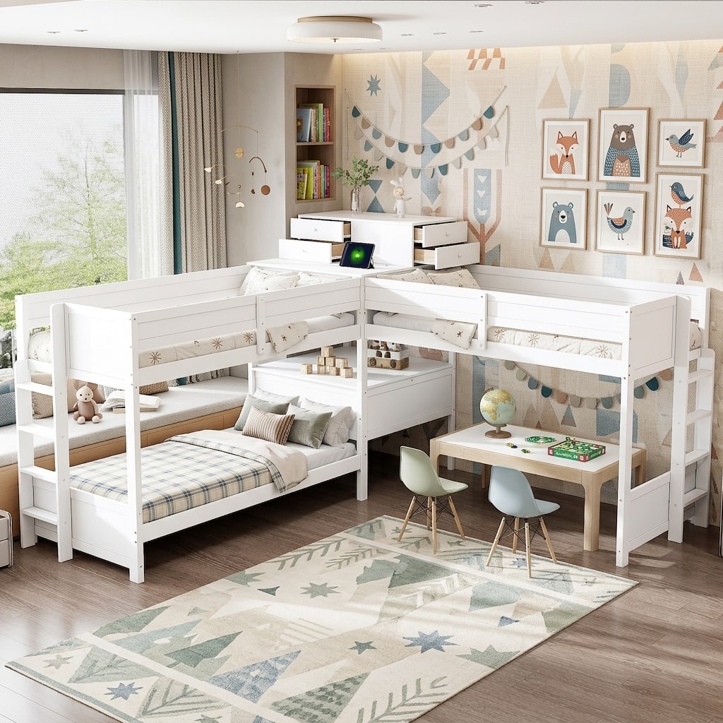 Twin L-Shaped Bunk Bed with Desk, 4 Drawers, USB/Power Station by Harper&Bright Designs