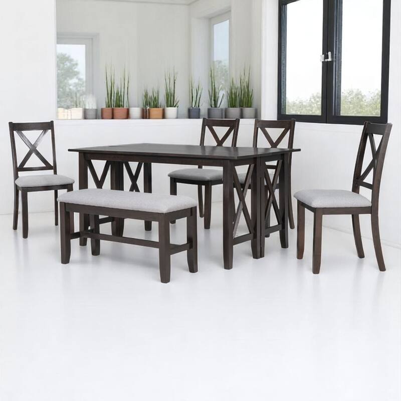 Modern 6-Piece Foldable Dining Set with Upholstered Chairs and Bench, Solid Wood Dining Table for Kitchen or Dining Room - Espresso