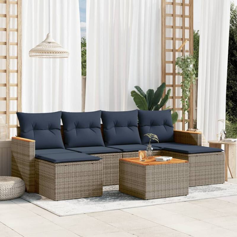 vidaXL Patio Sofa Set with Cushions Outdoor Conversation Furniture Poly Rattan - 21.7x 24.4x 27.2 - Grey and Blue-With table
