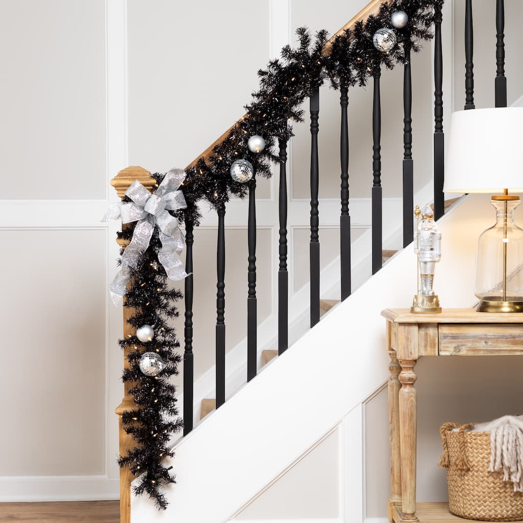 Pre-Lit Tinsel Artificial Christmas Garland - 9' x 6" - Black - Clear Lights