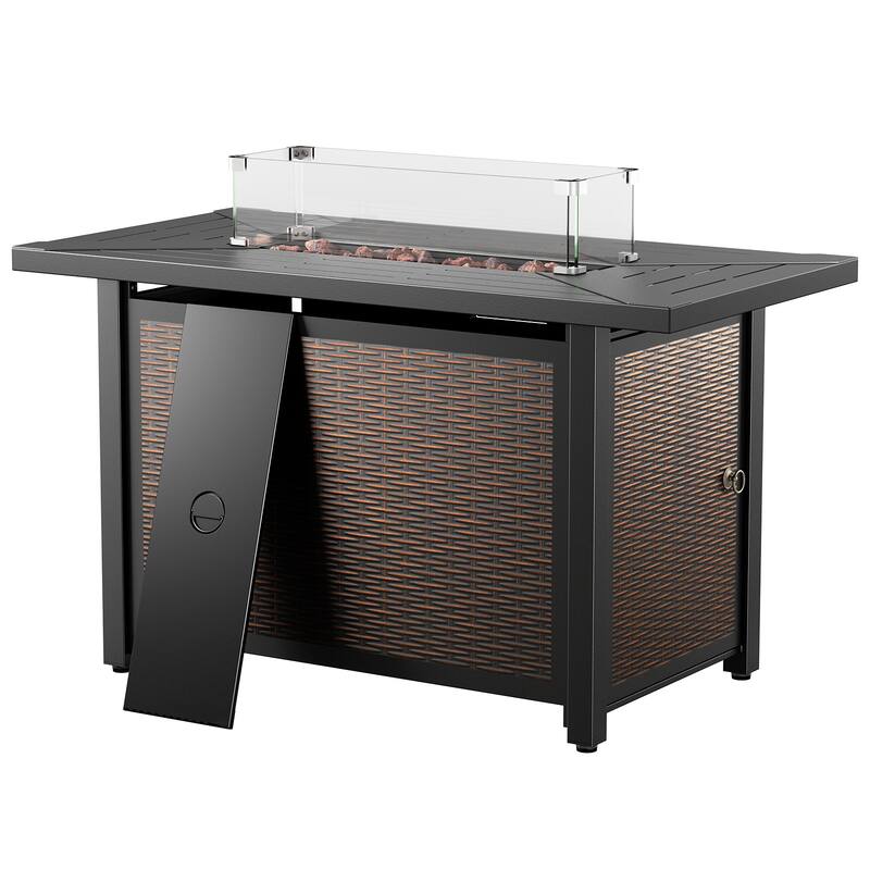 Meyreso 43 in. Rectangular Brown Metal Propane Outdoor Fire Pit Table with Glass Wind Guard Lid, Lava Rocks, 50000 BTU