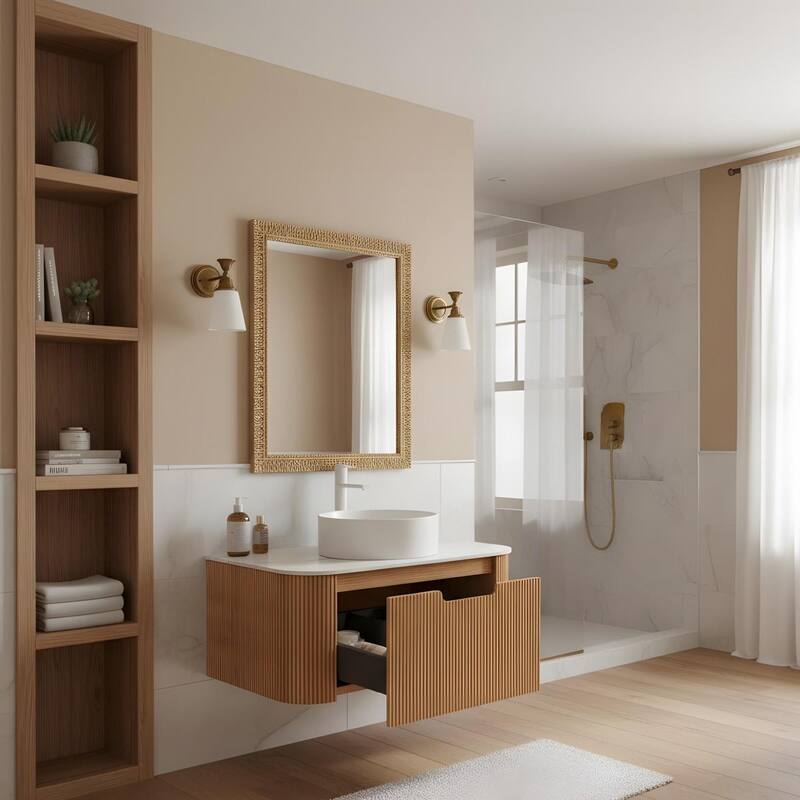 Wall Mounted Bathroom with White Round Ceramic Basin and Drawer