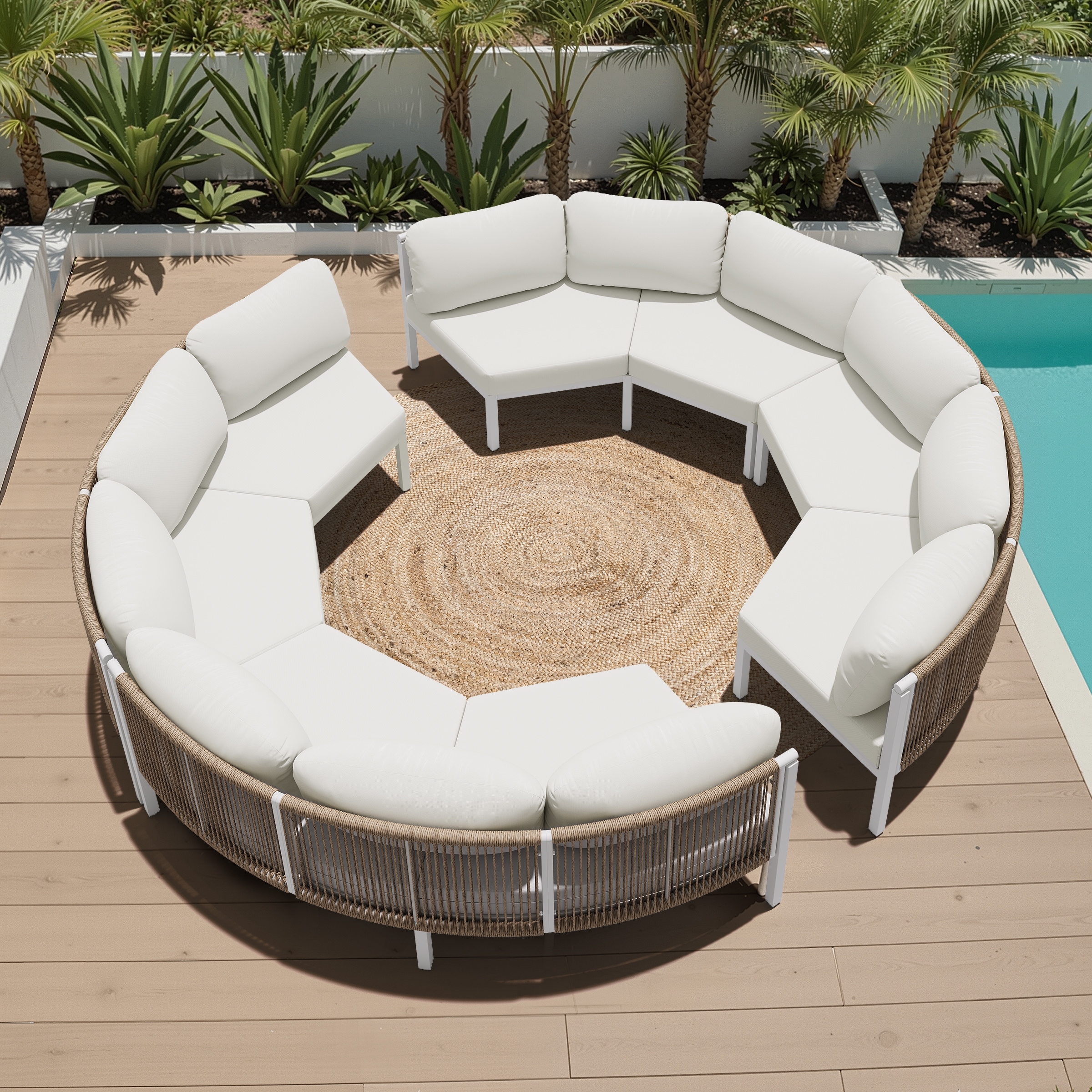 Outdoor All-Weather Aluminum Half-Moon Curved PE Rattan Wicker Sectional Sofa Half Round Patio Conversation Sets