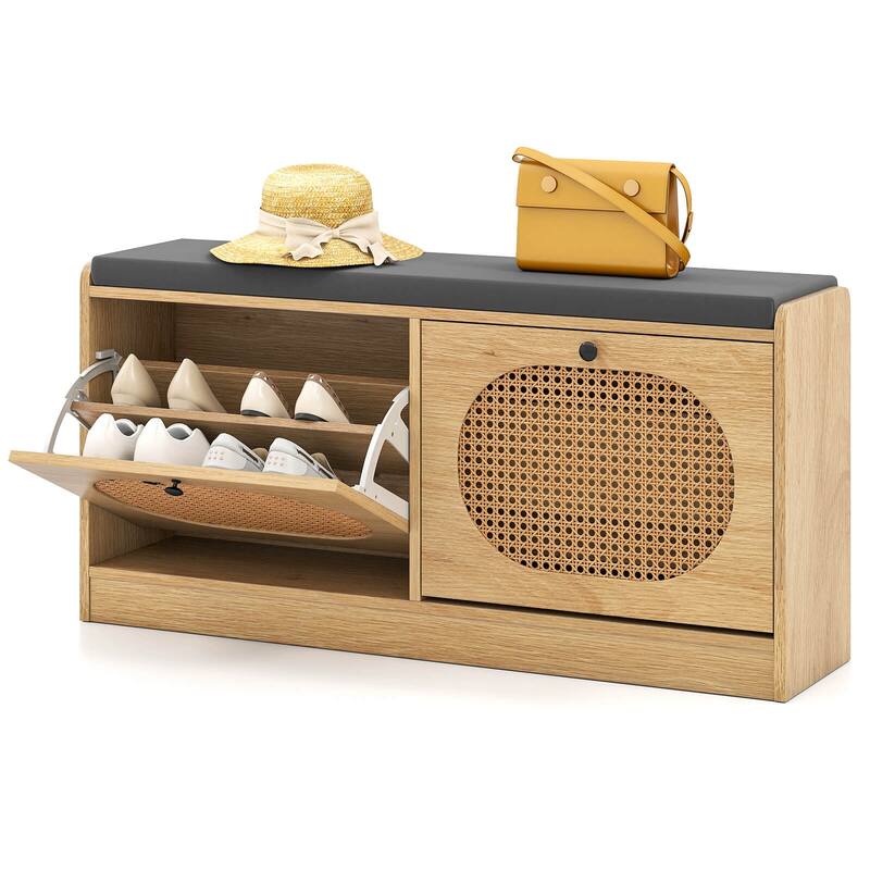 Costway Shoe Storage Bench with Cushion 2 Flip-over Doors & Adjustable - See Details - See Details - Natural & Gray
