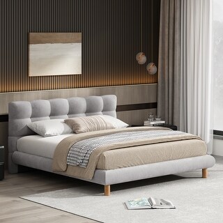 Platform Bed Frame, Chenille Low-Profile Grounded Bed with Cookie Shaped Headboard, Upholstered Wingback Bed wRound Wood Legs