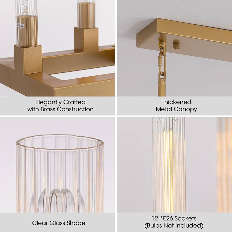 54'' Gold Farmhouse Rectangular Chandelier 12-Light Kitchen Island Lighting with Glass Tube Shades for Living Room & Foyer - N/A