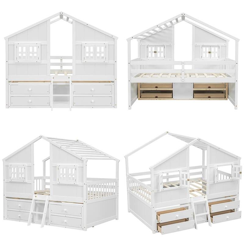 Wooden Loft Bed w/4 Storage Drawers and Roof, Full Size House Loft Pine Wood Bed