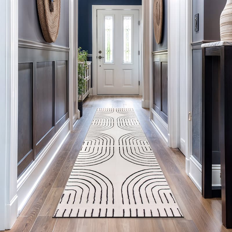 World Rug Gallery Bohemian Lines Washable Non Slip Area Rugs - Ivory - 2'x10' Runner