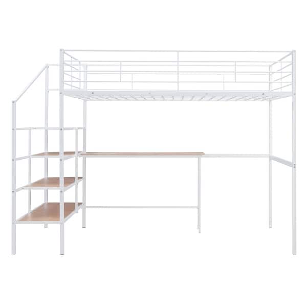 slide 2 of 22, Full Size Metal Loft Bed with Desk and Lateral Storage Ladder White