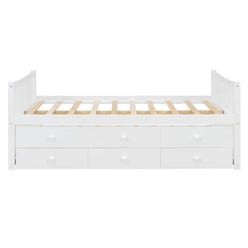 Wood Captains Bed Storage Daybed Full Size Platform Bed with Twin Size Trundle and Drawers, Built-in Smoothly Casters