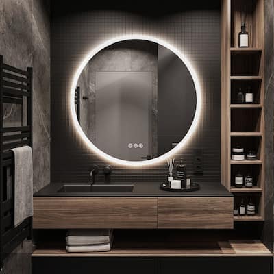31.49 in. W x 31.49 in. H Round Frameless LED Light Anti-Fog Wall-Mounted Bathroom Vanity Mirror - Silver