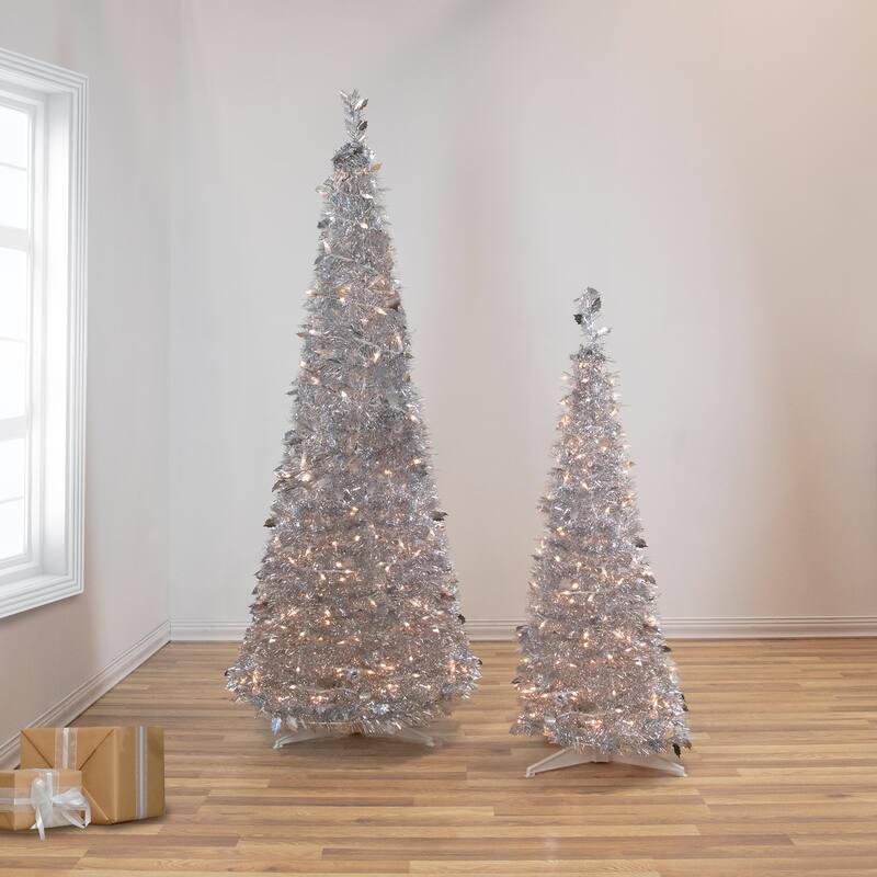 4' Silver Tinsel Pop-Up Artificial Christmas Tree, Clear Lights - 4 Foot